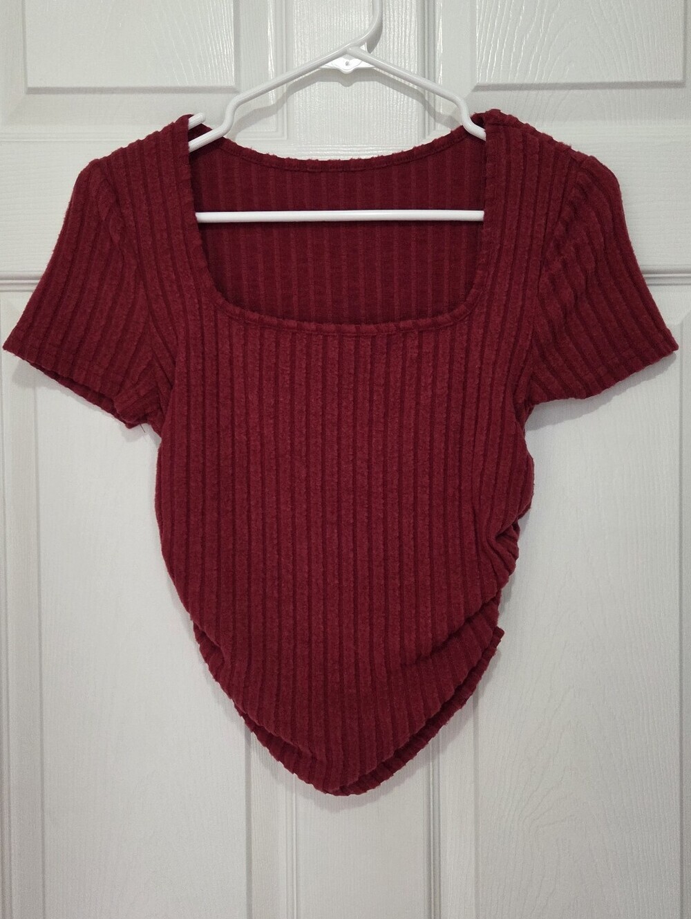 Women Ruched Side Soft Rib-knit Square Neck Crop Red Top Size Small